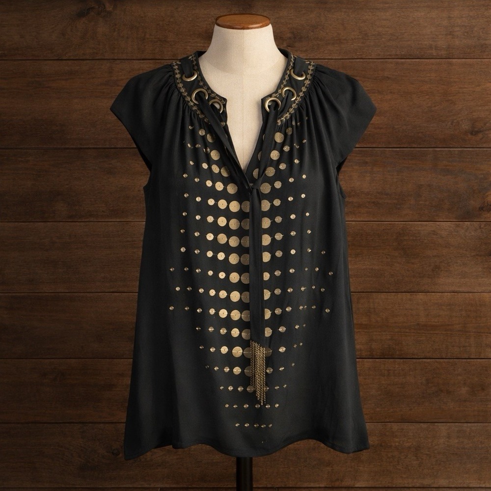 Fairy Goth 100% Silk Blouse 6 Black Chain Metal Short Sleeve Nanette Lepore